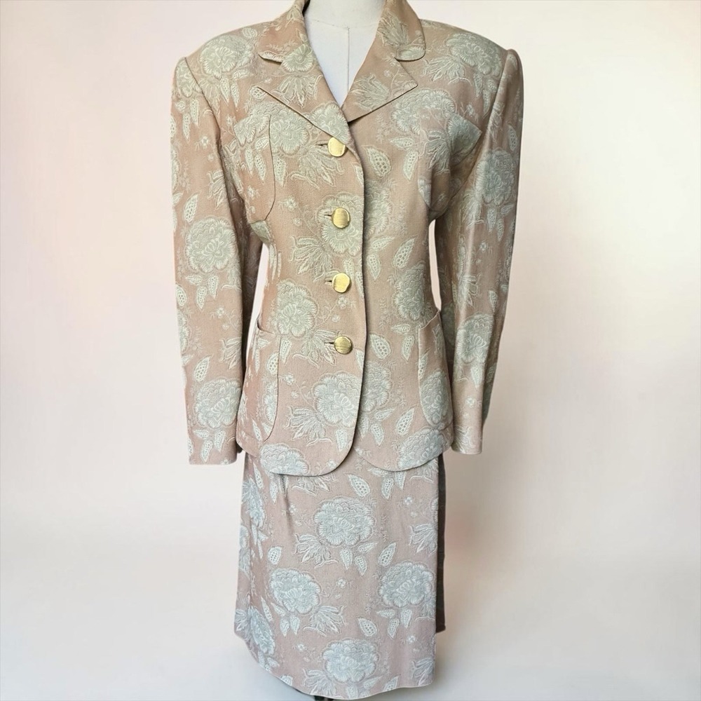 William Pearson Peach Floral Jacquard 3 Pc Suit Jacket 12 Skirt Pants 14